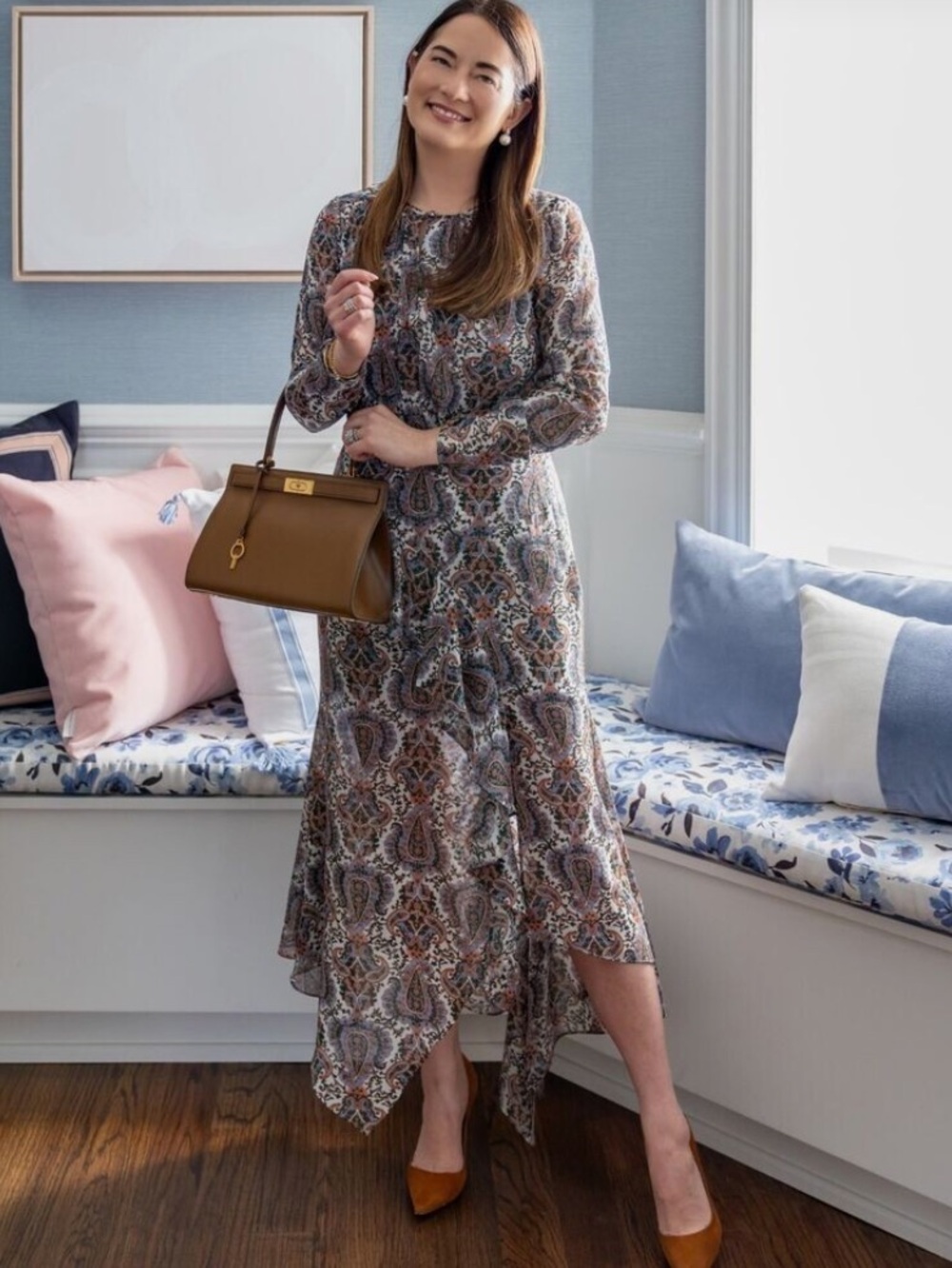 Veronica Beard Paisley Asymmetrical Midi Dress in Brown and Cream